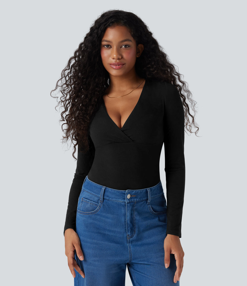 Deep V Neck Long Sleeve Casual Top — Black — view 2