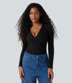 Deep V Neck Long Sleeve Casual Top — Black — view 2