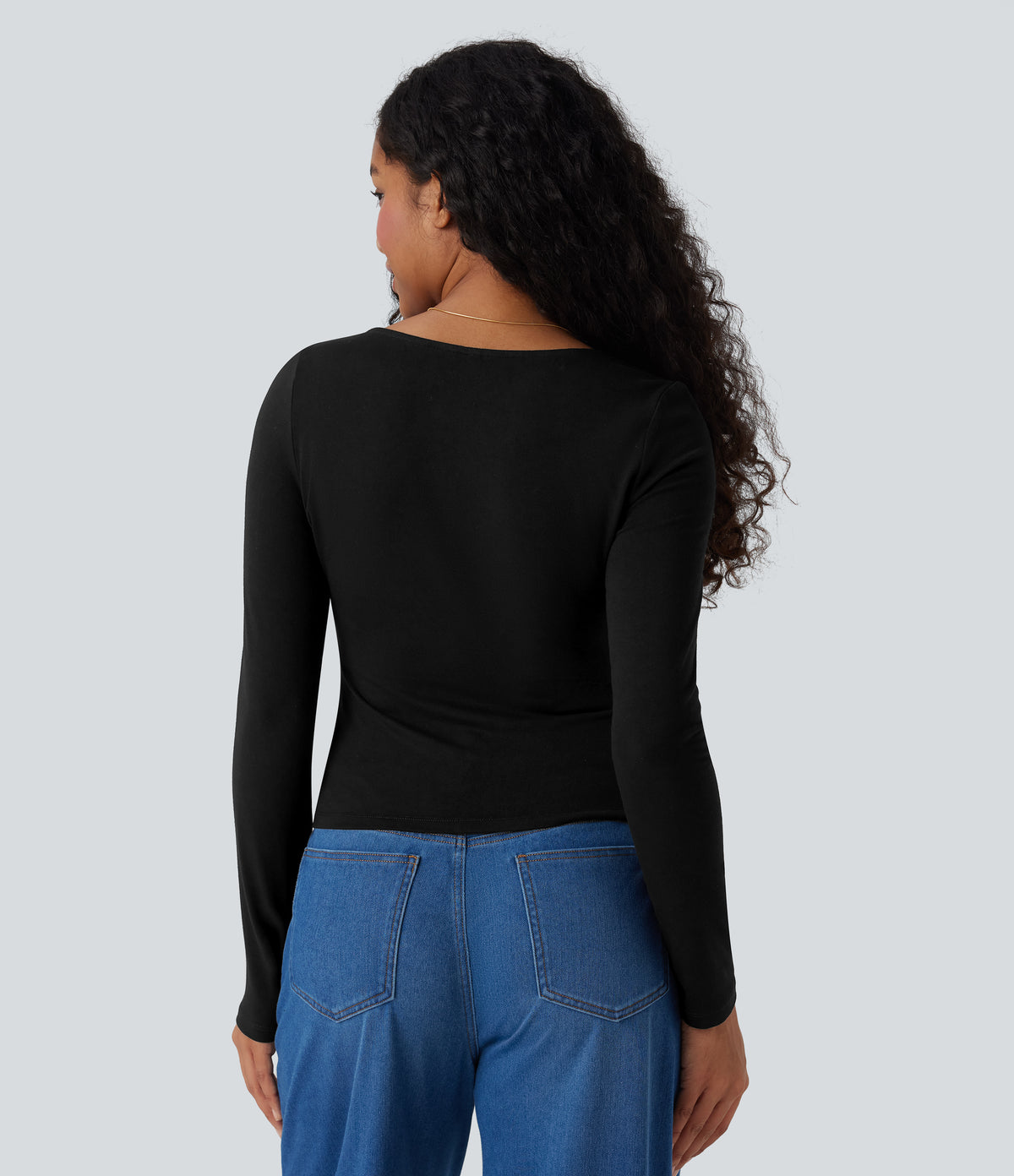 Deep V Neck Long Sleeve Casual Top — Black — view 5