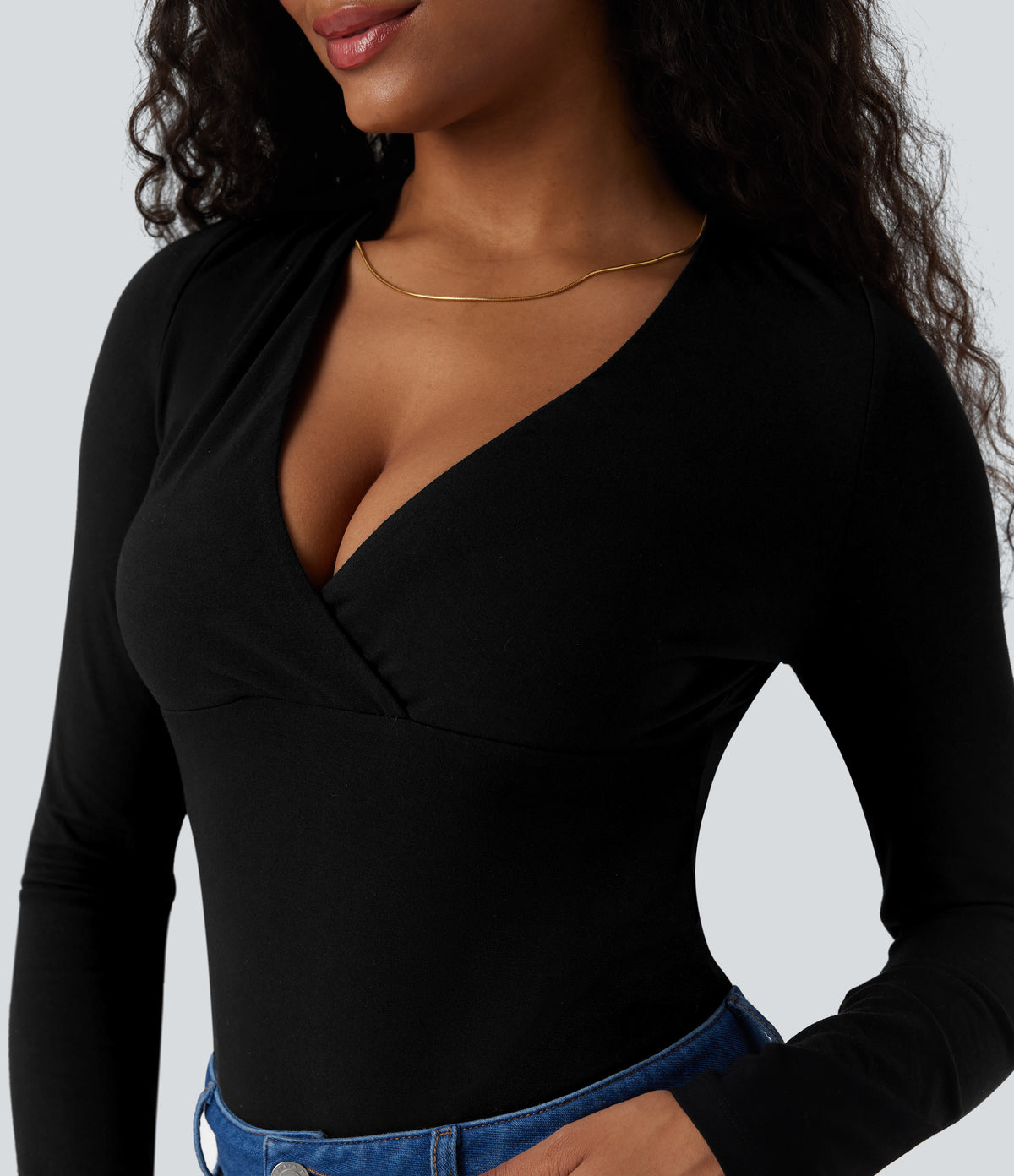 Deep V Neck Long Sleeve Casual Top — Black — view 6