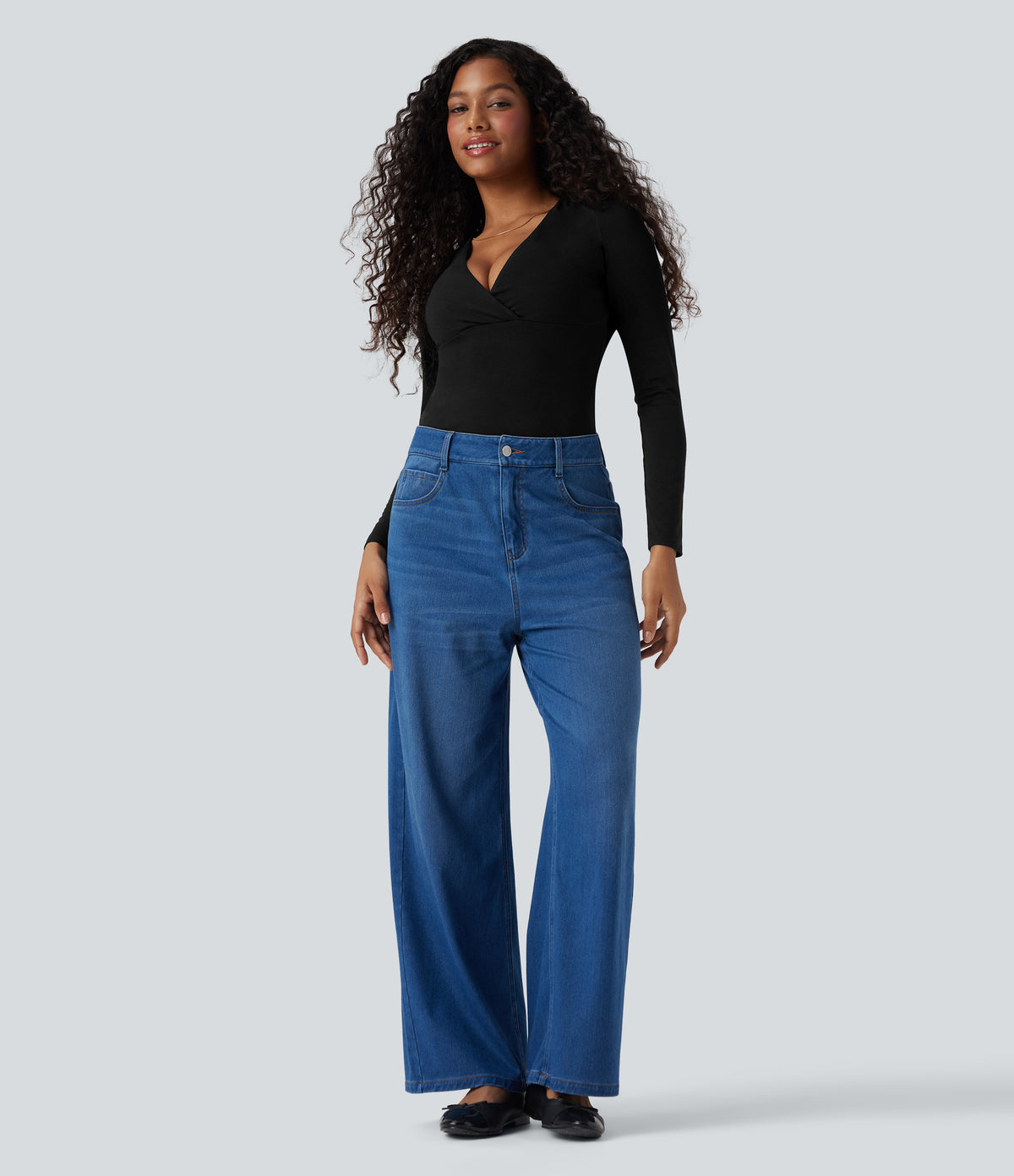 Deep V Neck Long Sleeve Casual Top — Black — view 7