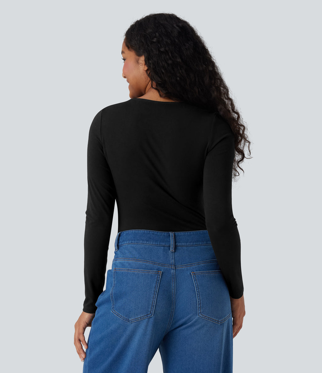Deep V Neck Long Sleeve Casual Top — Black — view 3