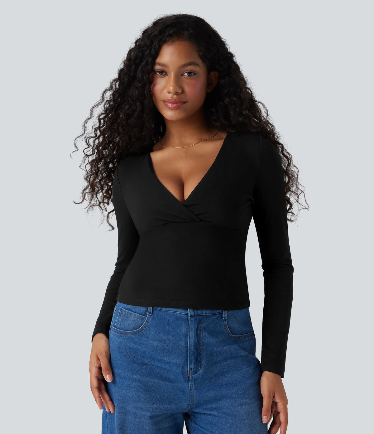Deep V Neck Long Sleeve Casual Top — Black — view 4
