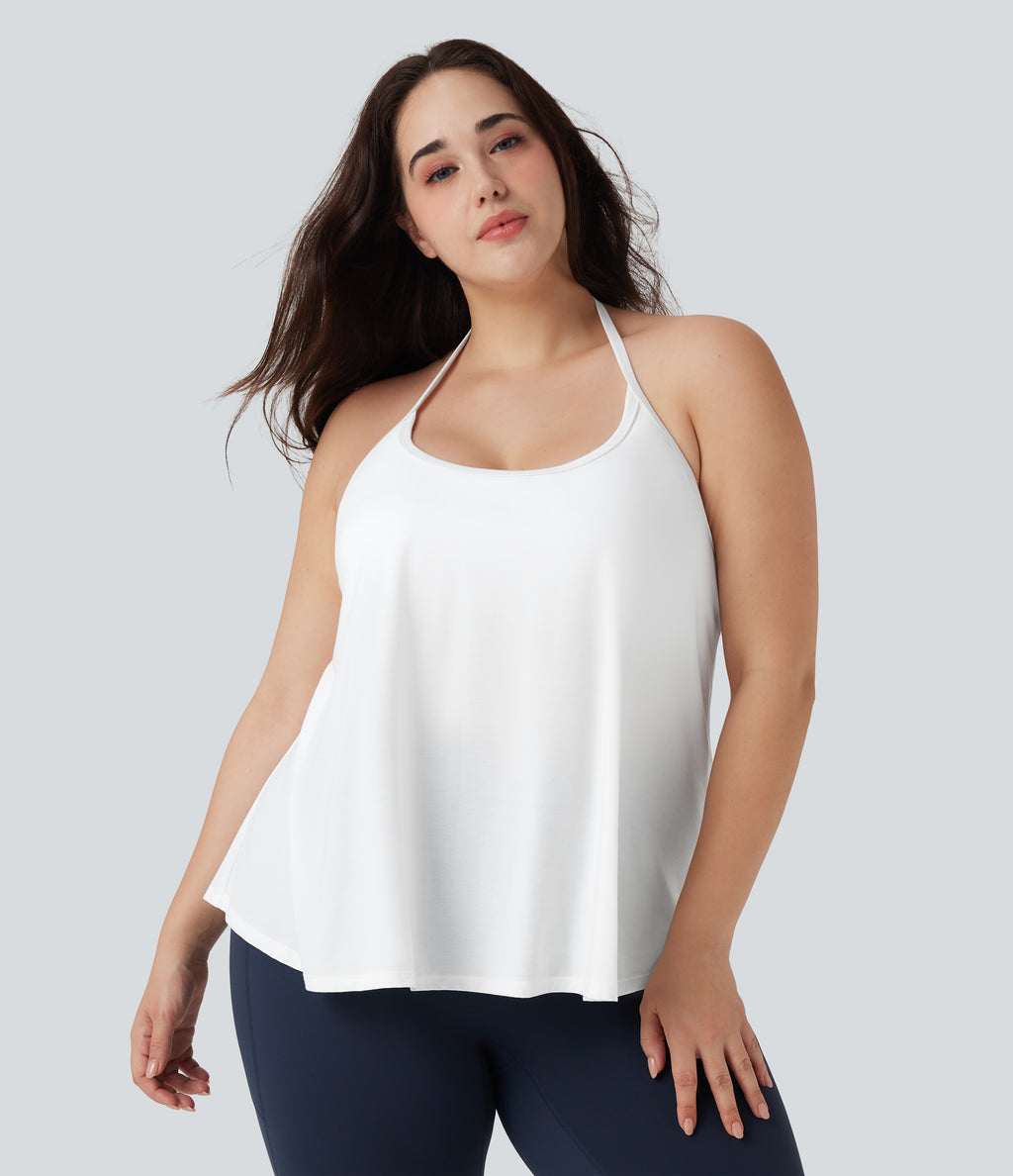 Plus Size Airy Halter Draped InstantCool Yoga Sports Top — White — view 3
