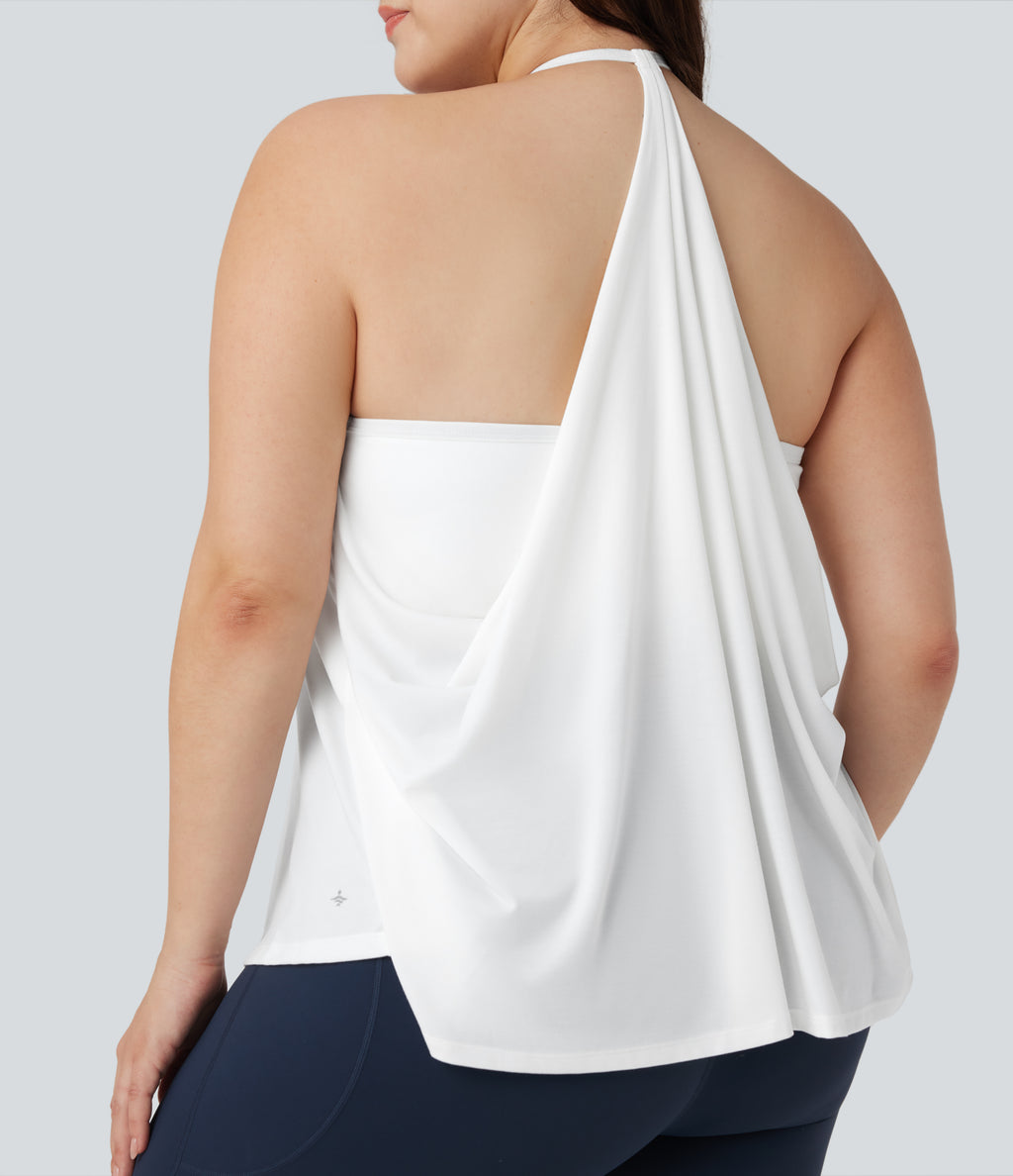 Plus Size Airy Halter Draped InstantCool Yoga Sports Top — White — view 5