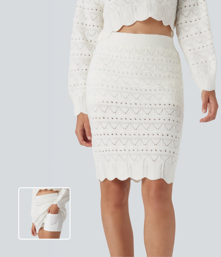 High Waisted 2-in-1 Open Knit Knee Length Casual Jumper Skirt with Pockets — White — view 1