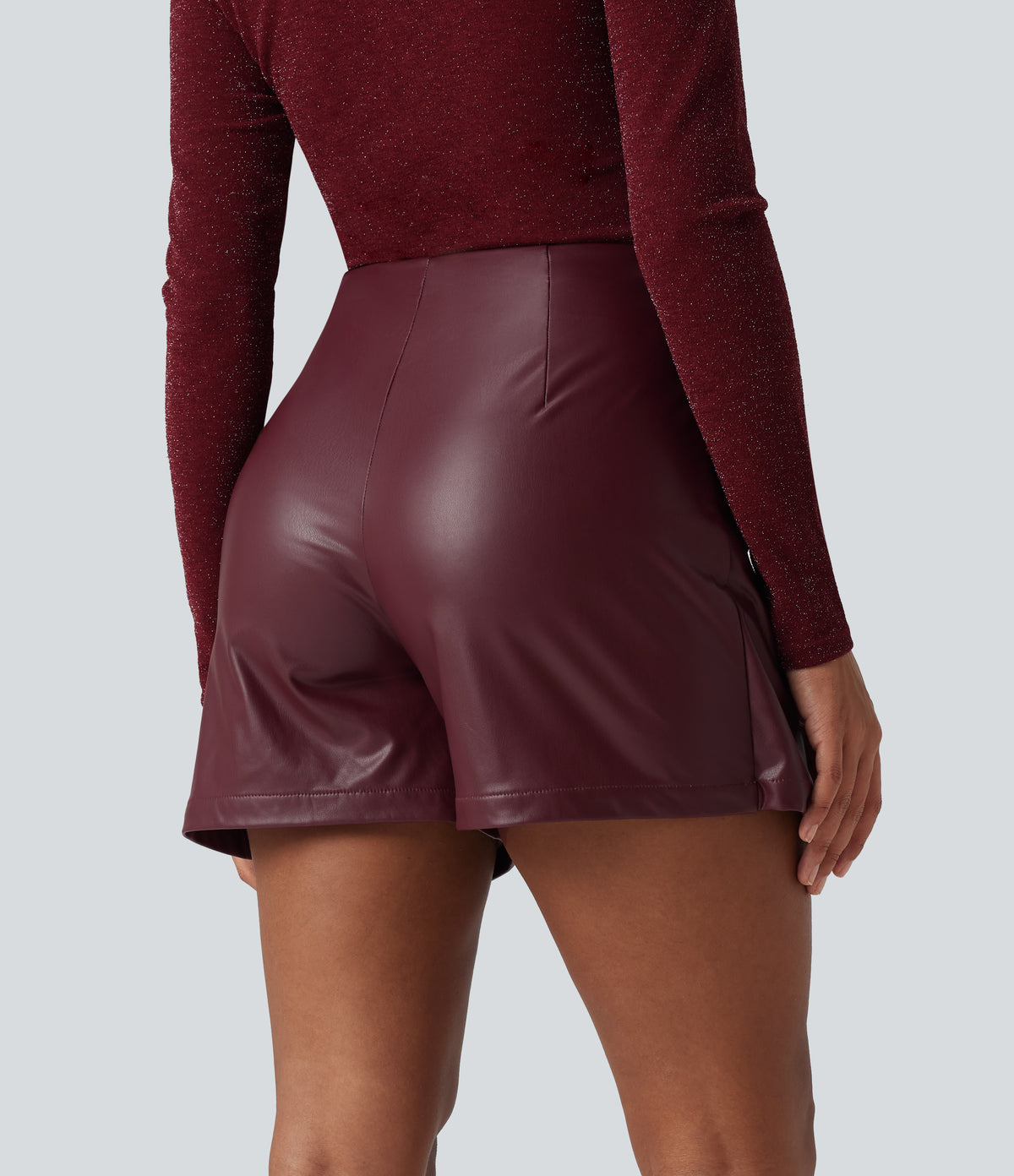High Waisted Mini Fleece Casual PU Faux Leather Skort — Red Mahogany — view 2