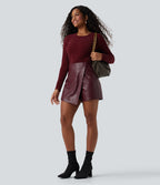 High Waisted Mini Fleece Casual PU Faux Leather Skort — Red Mahogany — view 5