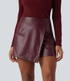 High Waisted Mini Fleece Casual PU Faux Leather Skort — Red Mahogany — view 1