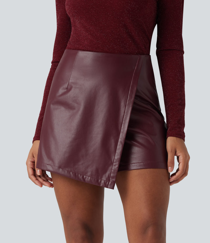 High Waisted Mini Fleece Casual PU Faux Leather Skort — Red Mahogany — view 1