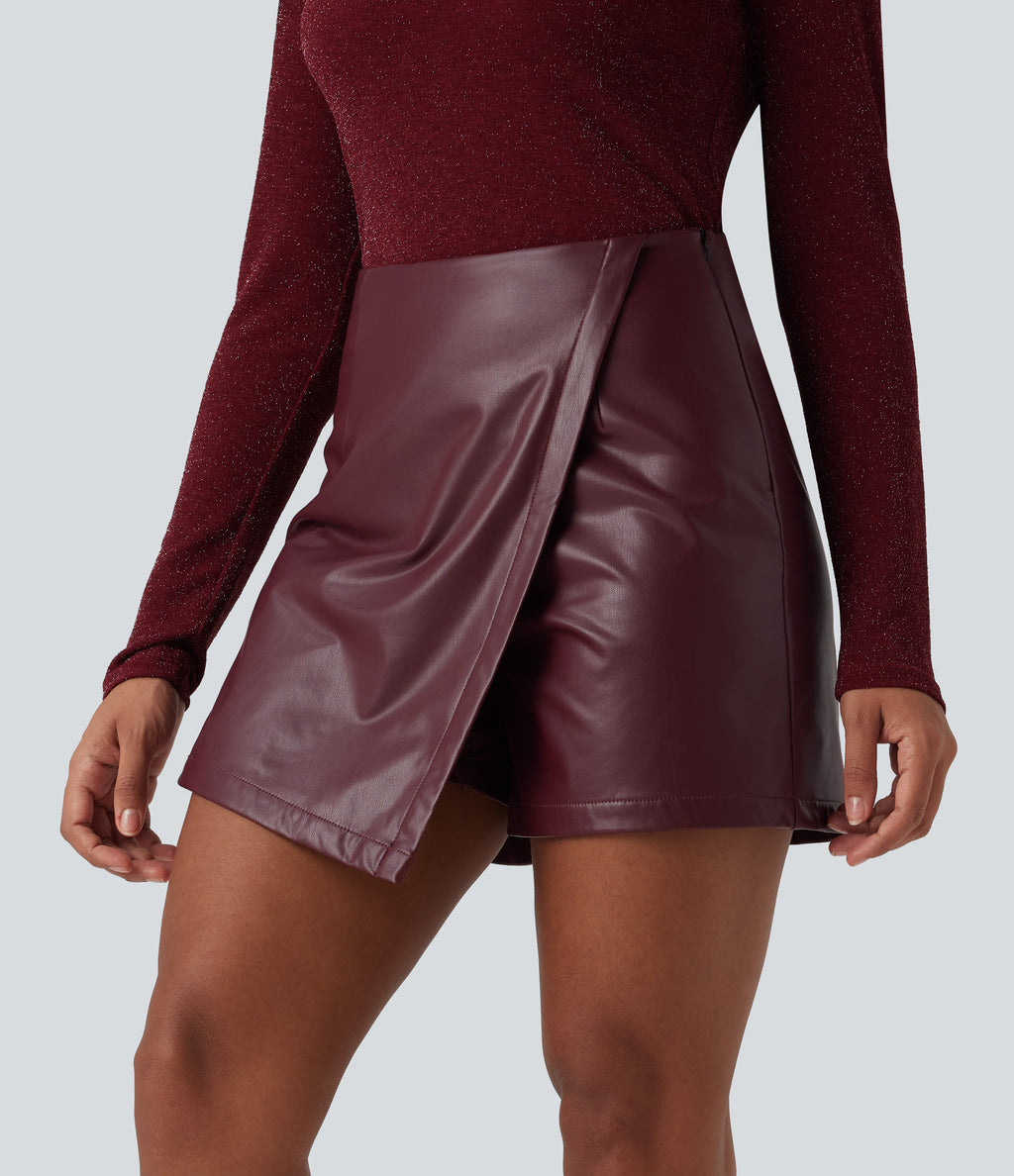 High Waisted Mini Fleece Casual PU Faux Leather Skort — Red Mahogany — view 3