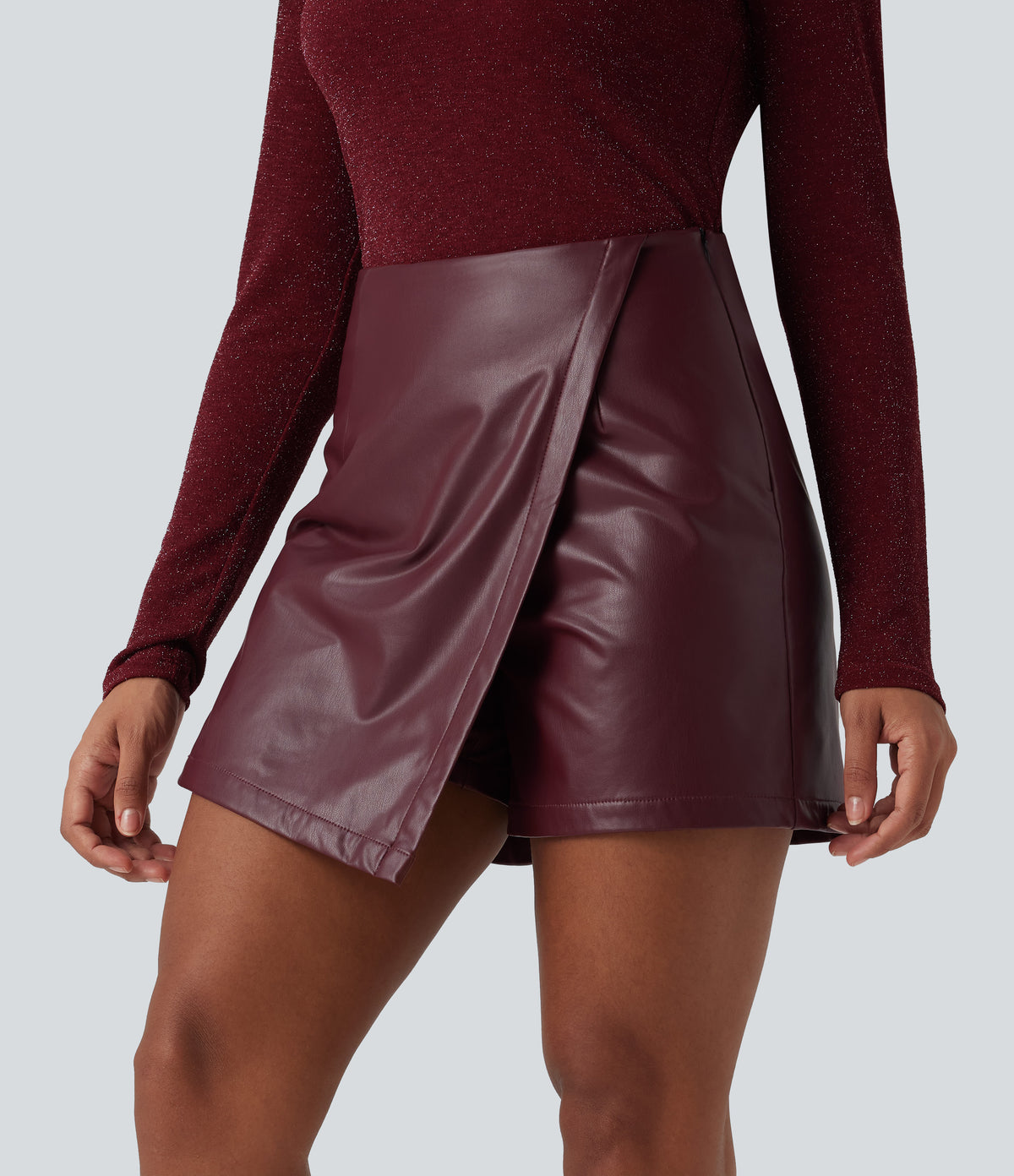 High Waisted Mini Fleece Casual PU Faux Leather Skort — Red Mahogany — view 3