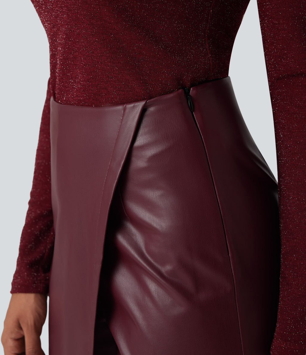 High Waisted Mini Fleece Casual PU Faux Leather Skort — Red Mahogany — view 4