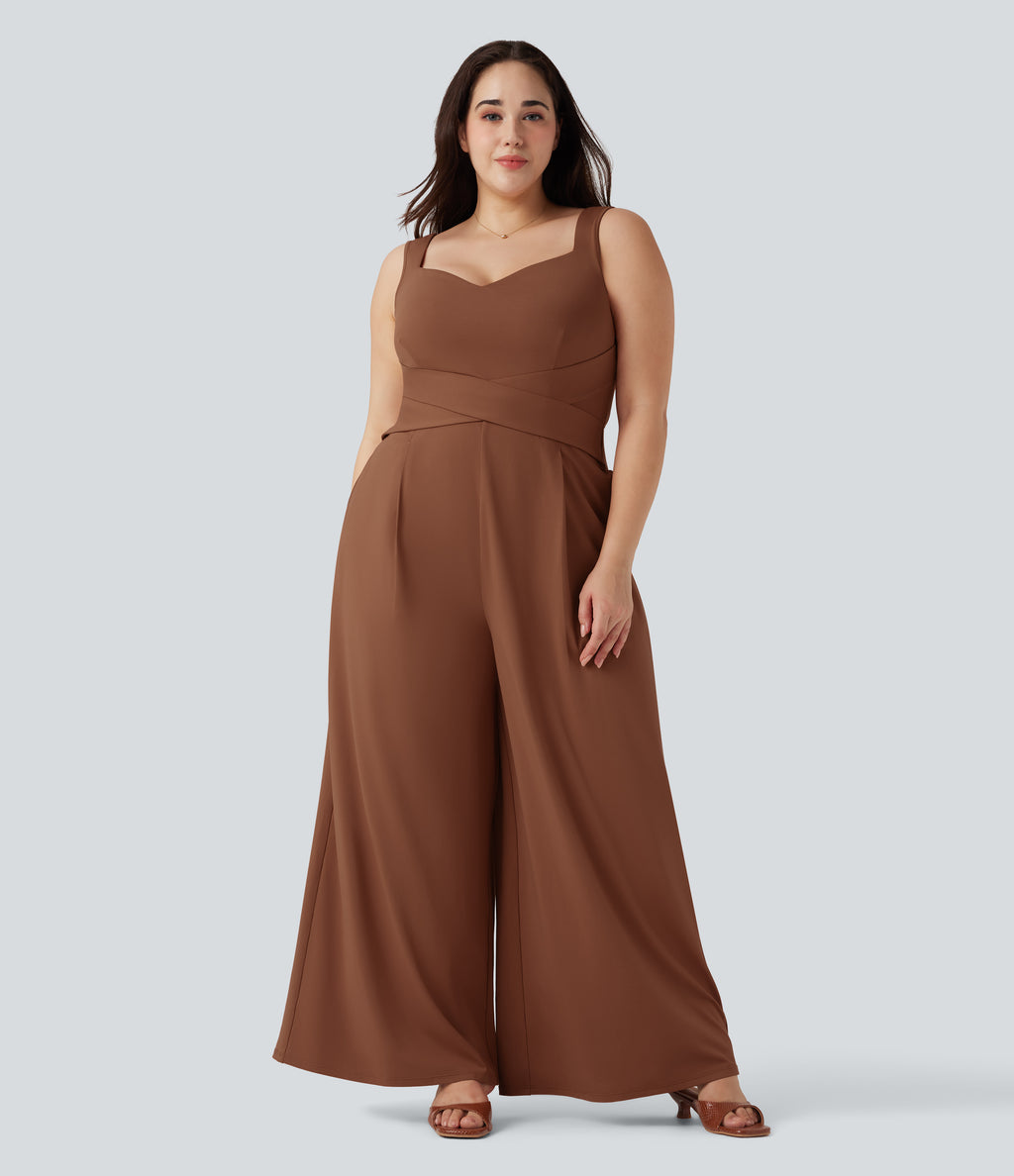 U Back Sleeveless Casual Plus Size Jumpsuit with Pockets — Rust Red — view 1