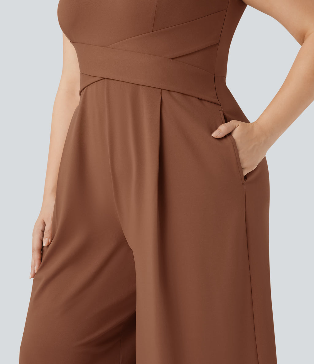 U Back Sleeveless Casual Plus Size Jumpsuit with Pockets — Rust Red — view 6
