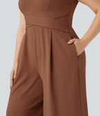 U Back Sleeveless Casual Plus Size Jumpsuit with Pockets — Rust Red — view 6