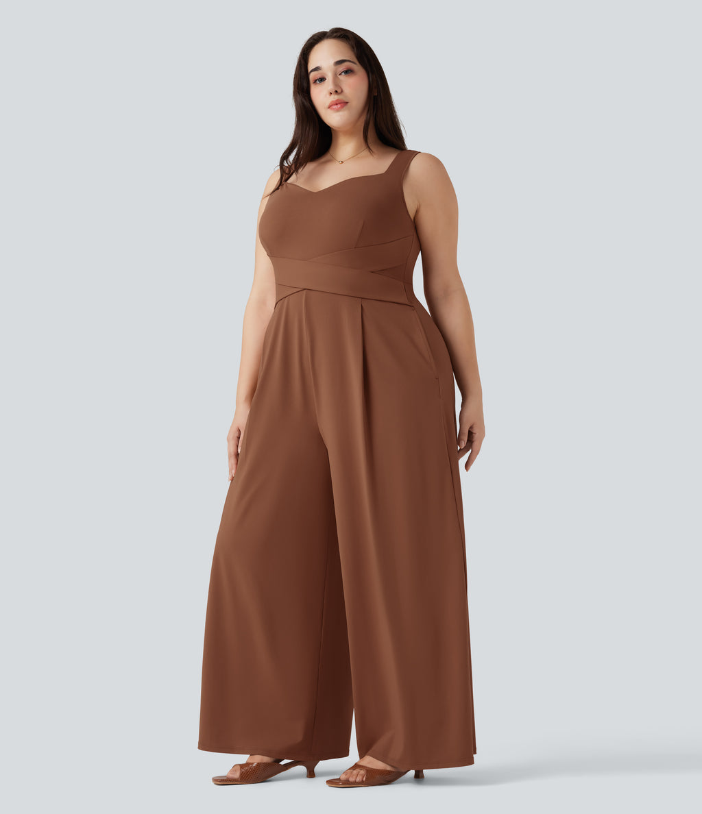 U Back Sleeveless Casual Plus Size Jumpsuit with Pockets — Rust Red — view 3