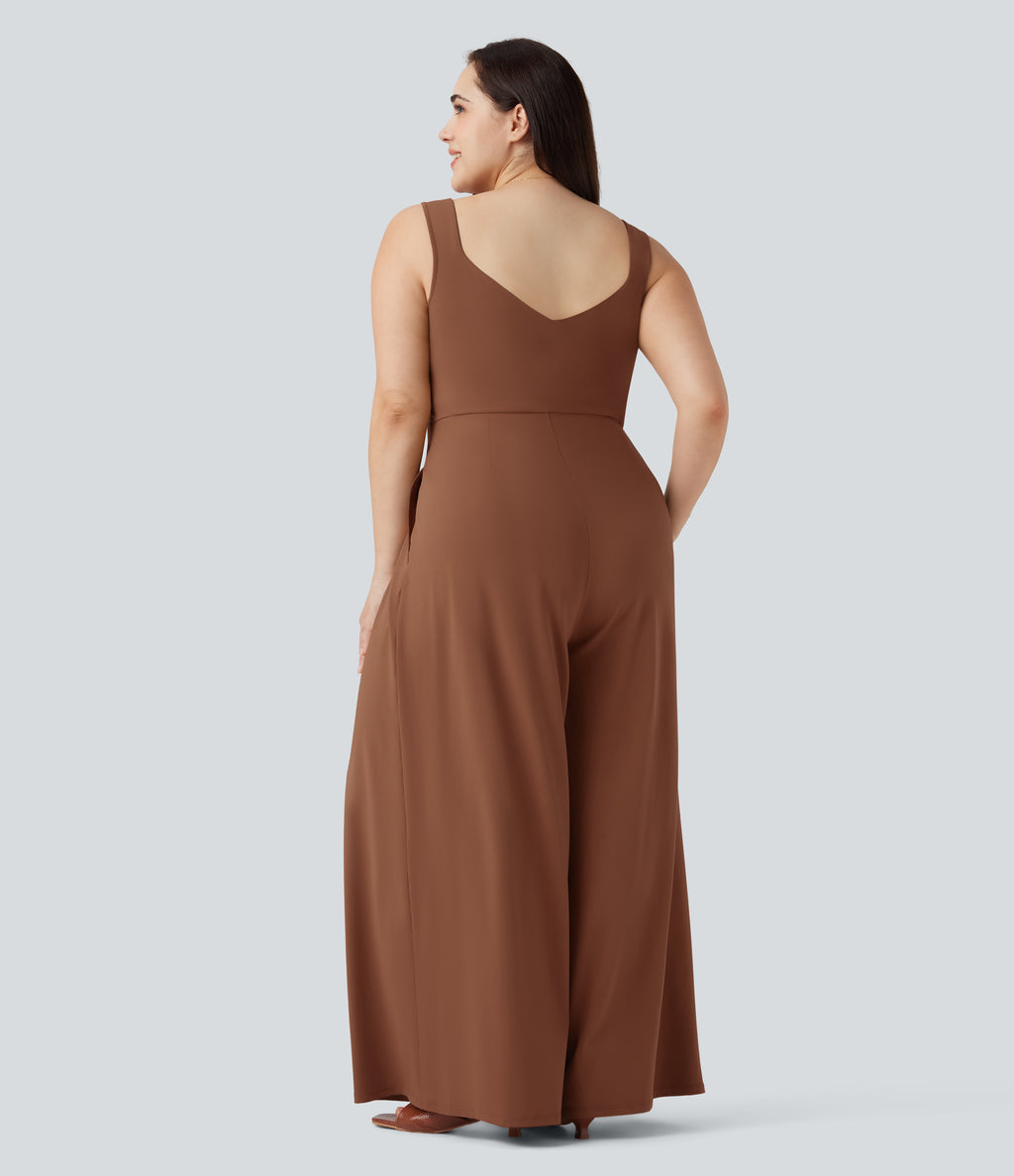 U Back Sleeveless Casual Plus Size Jumpsuit with Pockets — Rust Red — view 2