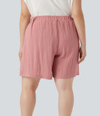 High Waisted Linen-Feel Casual Plus Size Bermuda Shorts with Pockets — Rosette — view 2