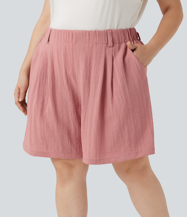 High Waisted Linen-Feel Casual Plus Size Bermuda Shorts with Pockets — Rosette — view 1