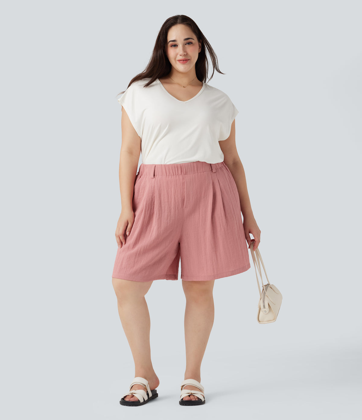 High Waisted Linen-Feel Casual Plus Size Bermuda Shorts with Pockets — Rosette — view 6