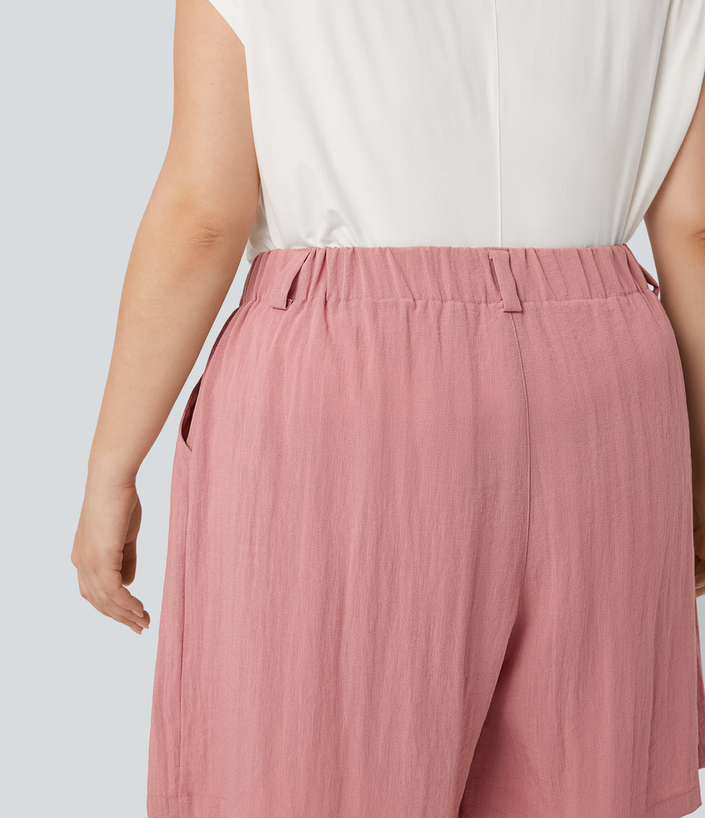High Waisted Linen-Feel Casual Plus Size Bermuda Shorts with Pockets — Rosette — view 5