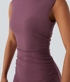 Mock-neck Sleeveless Ruched Crossover Hem Bodycon Mini Dress — Tulipwood — view 4