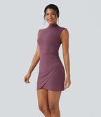 Mock-neck Sleeveless Ruched Crossover Hem Bodycon Mini Dress — Tulipwood — view 3