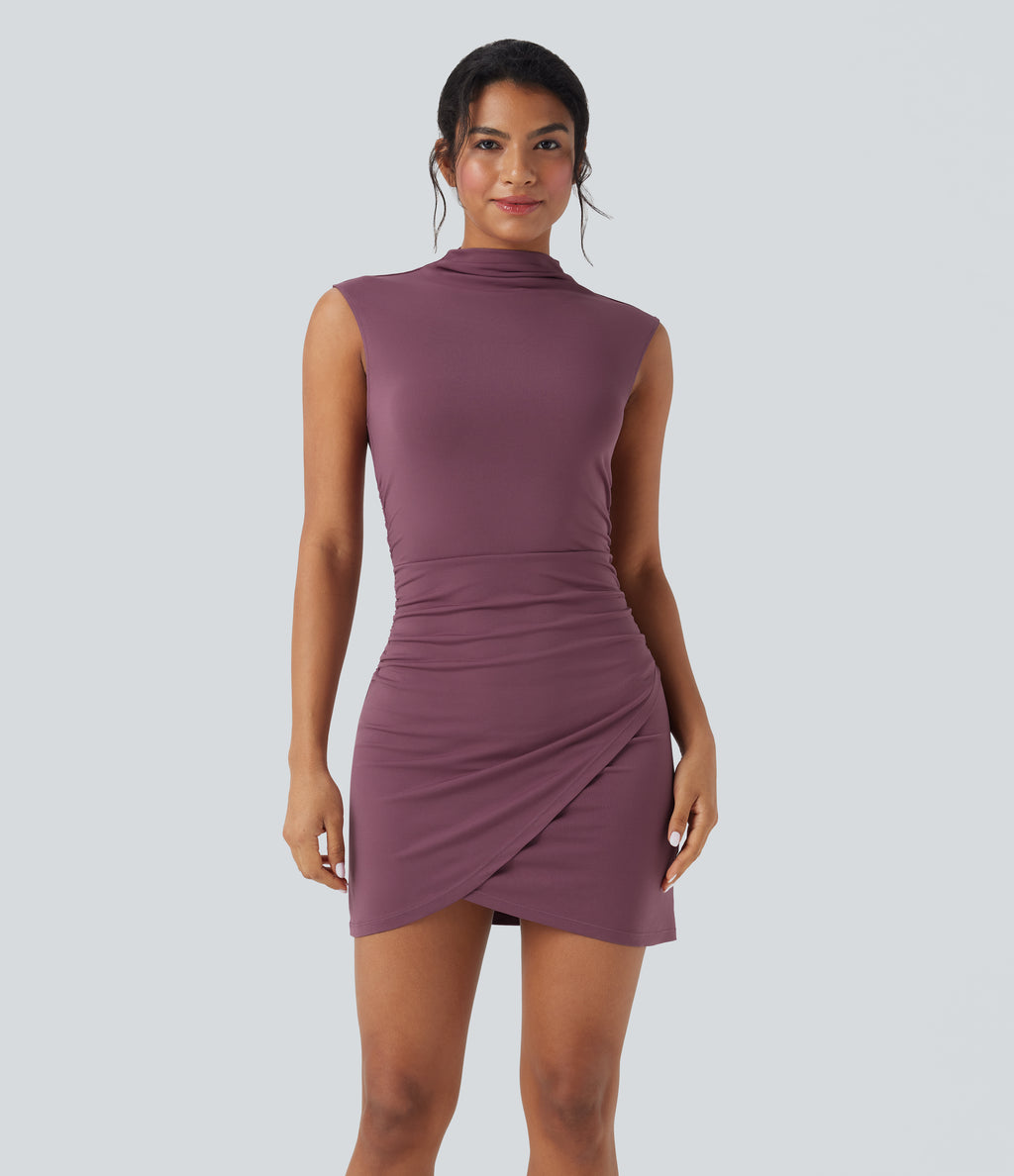 Mock-neck Sleeveless Ruched Crossover Hem Bodycon Mini Dress — Tulipwood — view 1