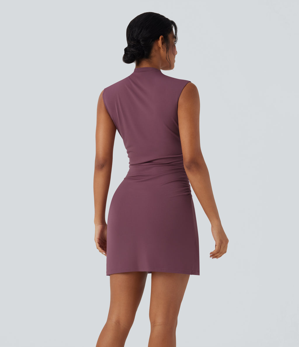 Mock-neck Sleeveless Ruched Crossover Hem Bodycon Mini Dress — Tulipwood — view 2