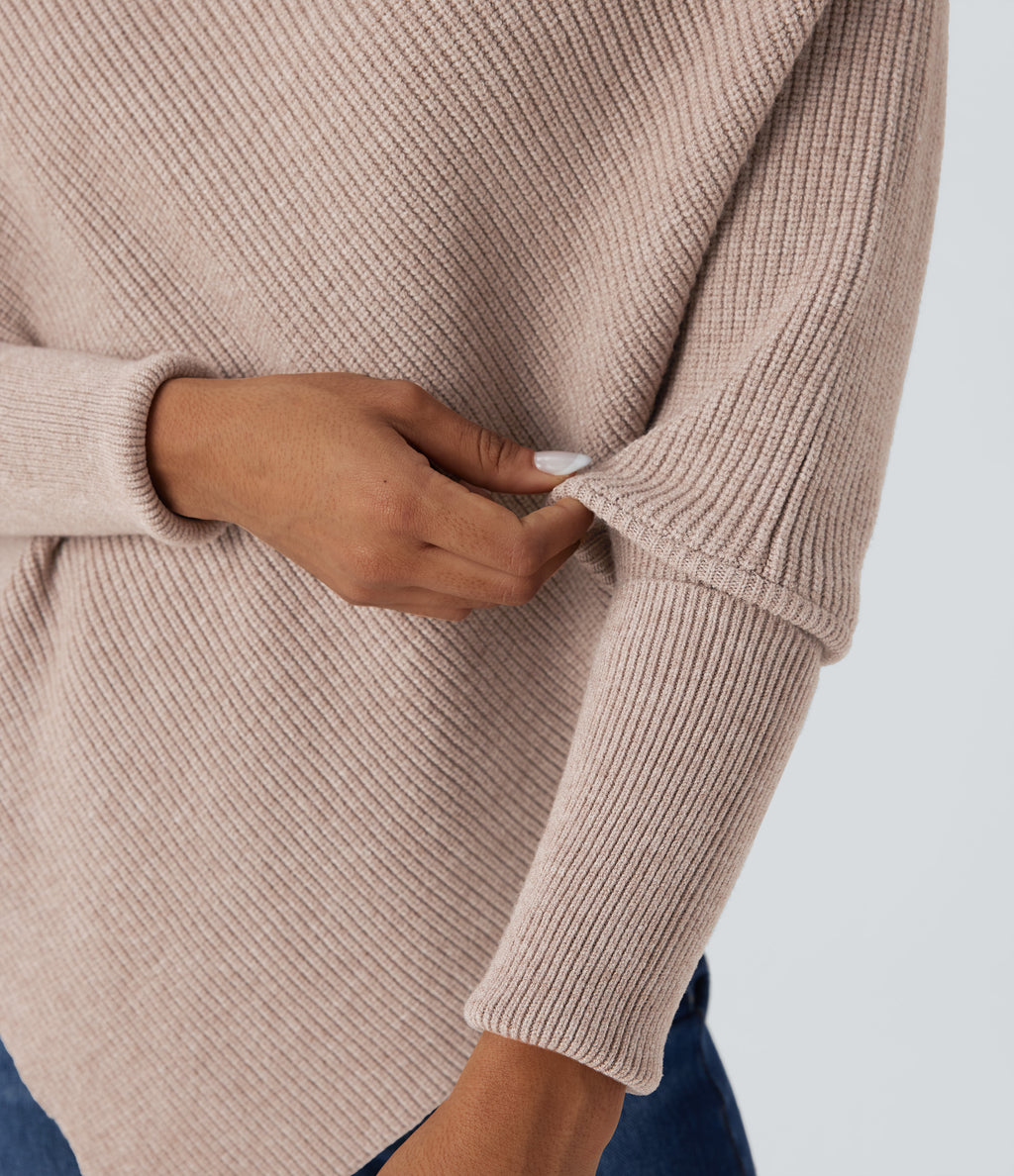 Turtleneck Batwing Sleeve Asymmetric Hem Casual Jumper — Pear Powder — view 6