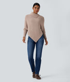Turtleneck Batwing Sleeve Asymmetric Hem Casual Jumper — Pear Powder — view 8