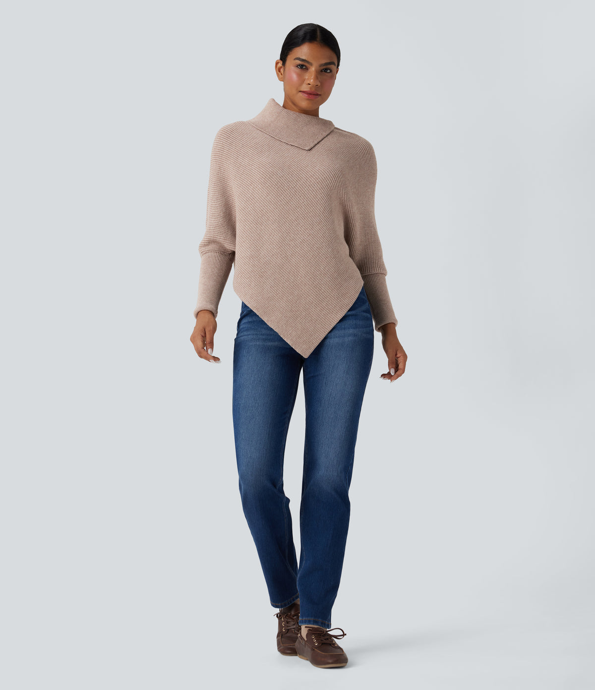 Turtleneck Batwing Sleeve Asymmetric Hem Casual Jumper — Pear Powder — view 8