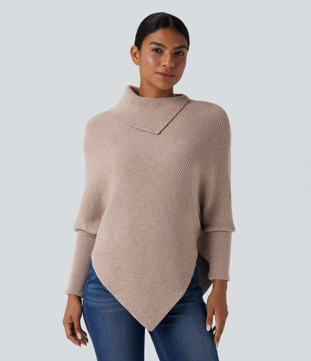 Turtleneck Batwing Sleeve Asymmetric Hem Casual Jumper — Pear Powder — view 4