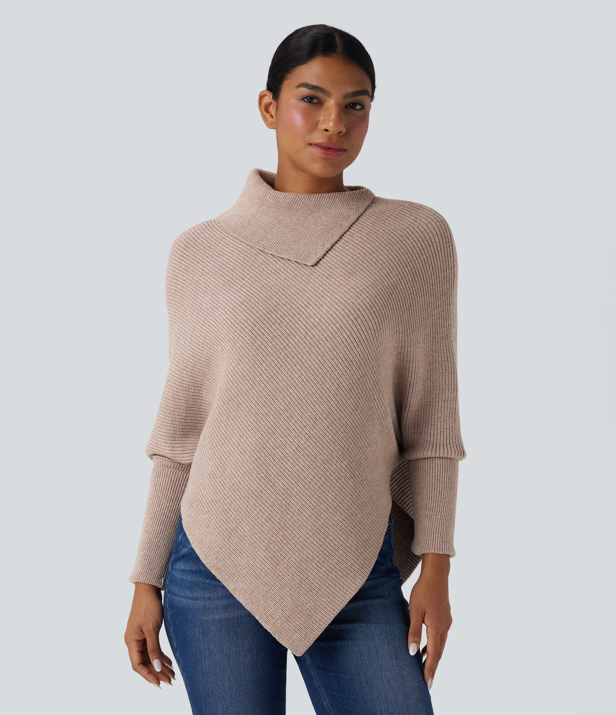 Turtleneck Batwing Sleeve Asymmetric Hem Casual Jumper — Pear Powder — view 4