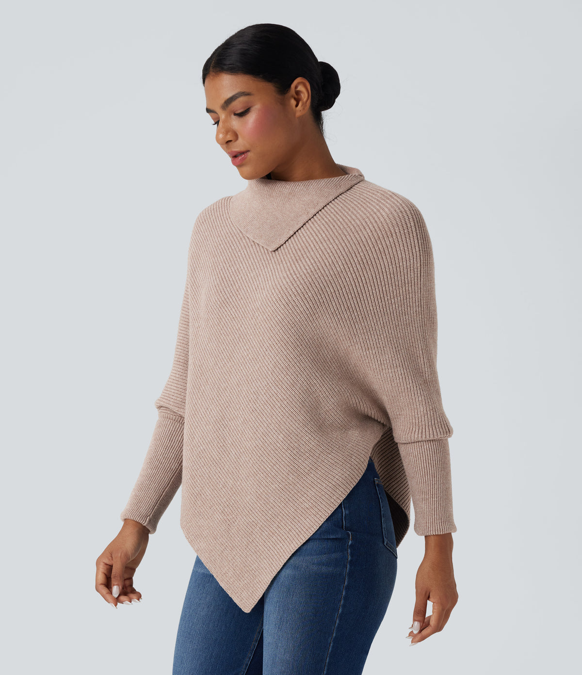 Turtleneck Batwing Sleeve Asymmetric Hem Casual Jumper — Pear Powder — view 3