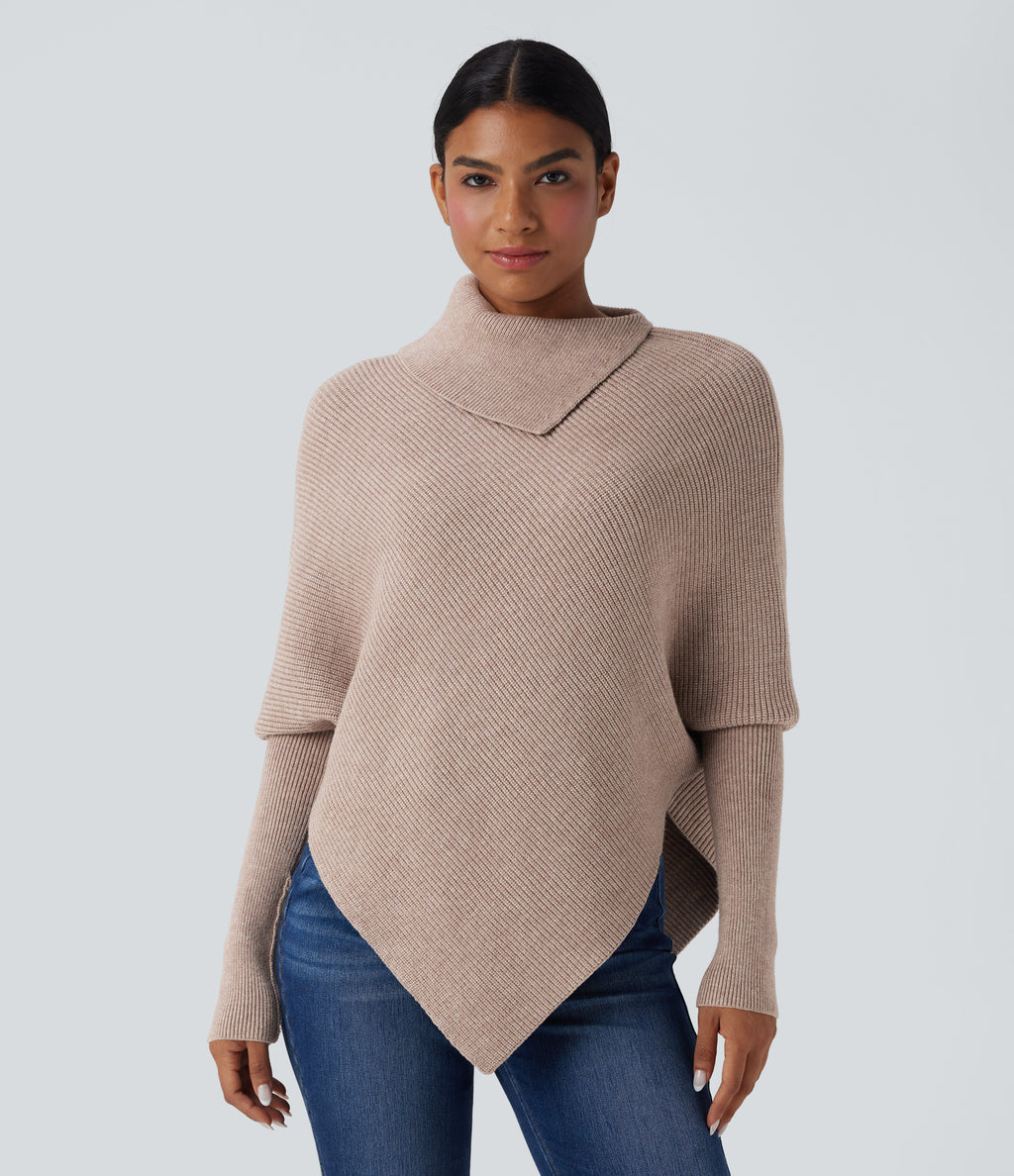 Turtleneck Batwing Sleeve Asymmetric Hem Casual Jumper — Pear Powder — view 1