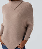 Turtleneck Batwing Sleeve Asymmetric Hem Casual Jumper — Pear Powder — view 5