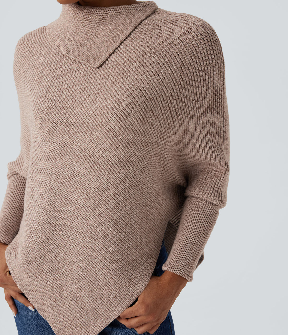 Turtleneck Batwing Sleeve Asymmetric Hem Casual Jumper — Pear Powder — view 5
