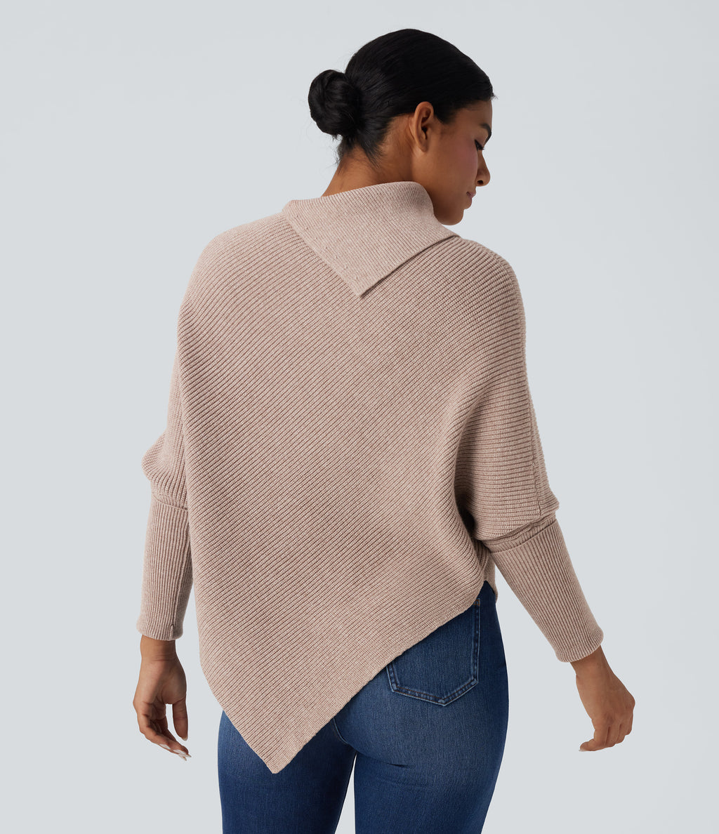 Turtleneck Batwing Sleeve Asymmetric Hem Casual Jumper — Pear Powder — view 2