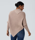 Turtleneck Batwing Sleeve Asymmetric Hem Casual Jumper — Pear Powder — view 2