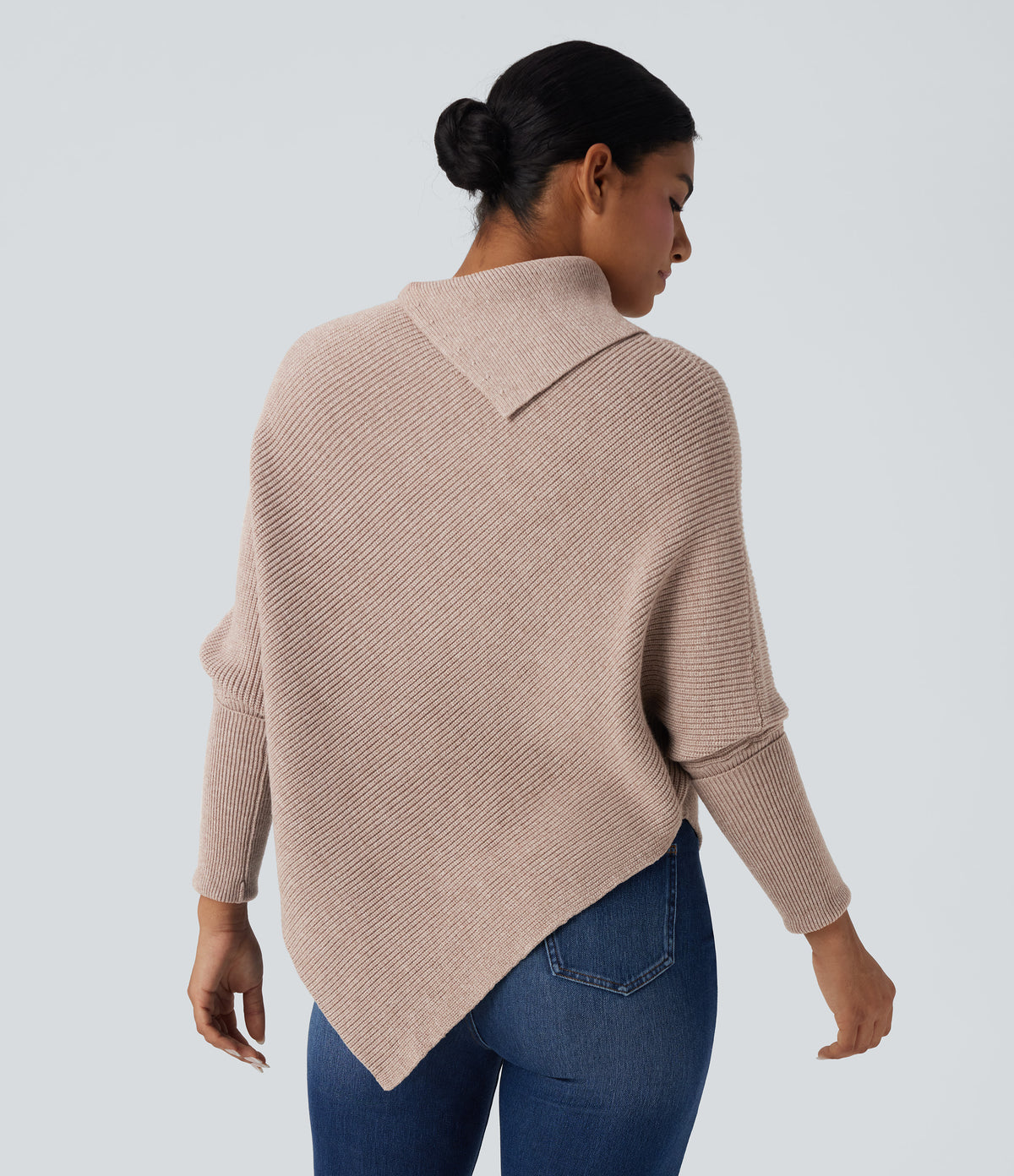 Turtleneck Batwing Sleeve Asymmetric Hem Casual Jumper — Pear Powder — view 2