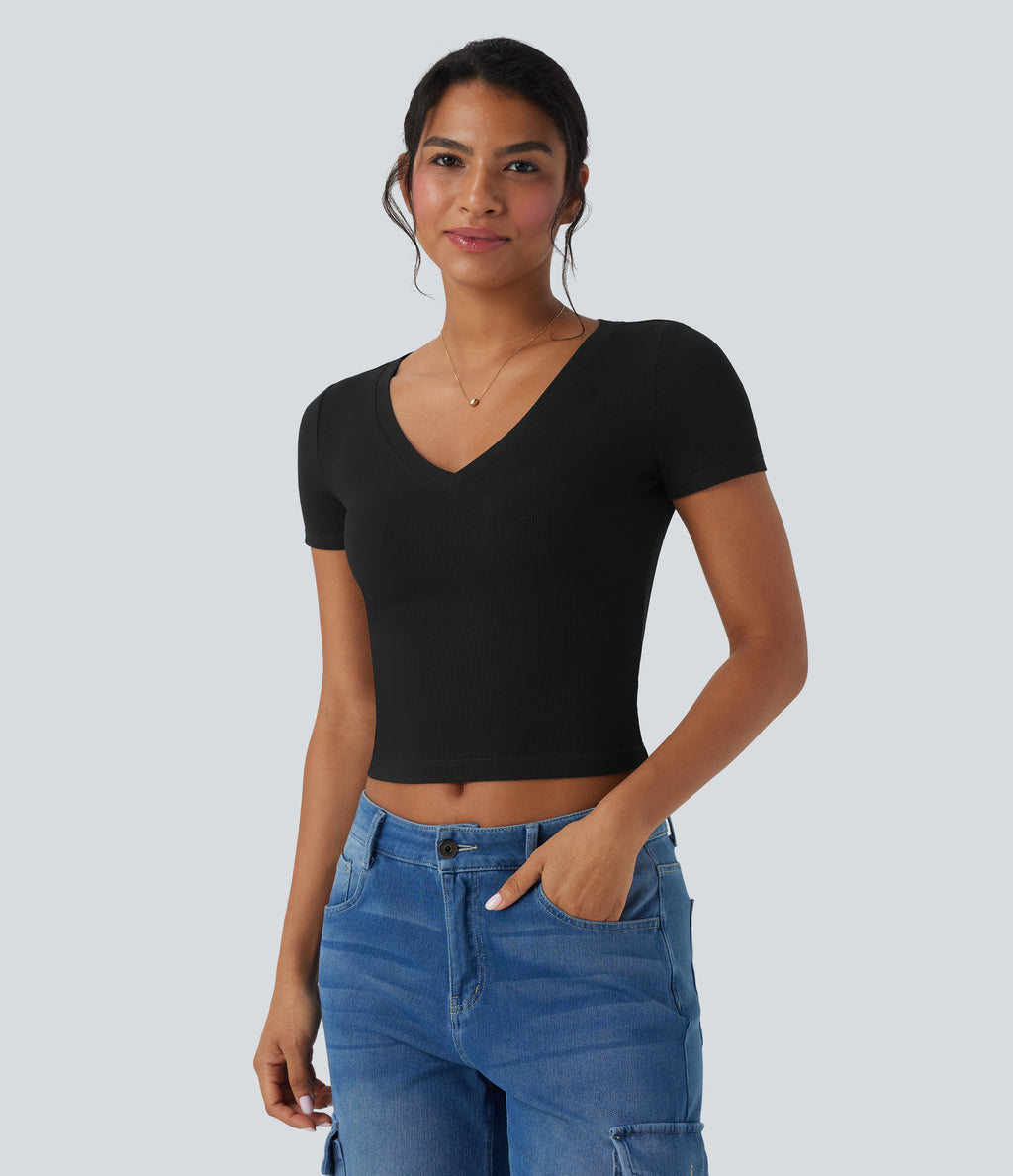 Ribbed Knit V Neck Short Sleeve Cropped Capri Work T-Shirt — Black — view 6