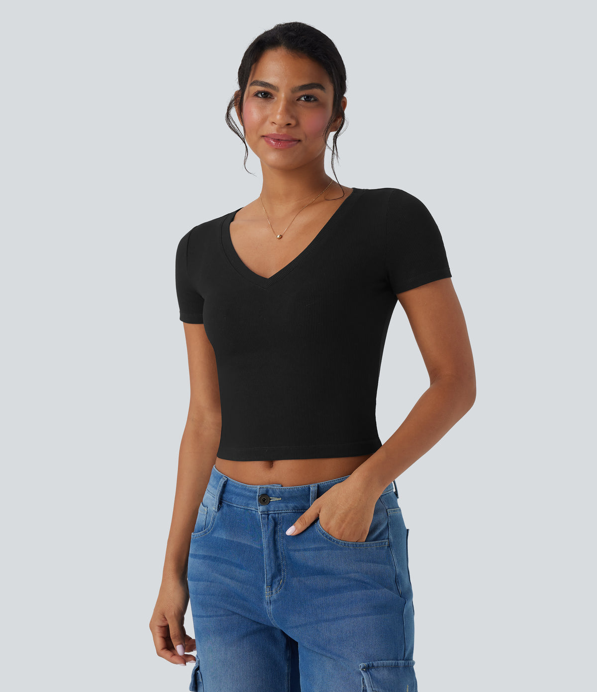 Ribbed Knit V Neck Short Sleeve Cropped Capri Work T-Shirt — Black — view 6