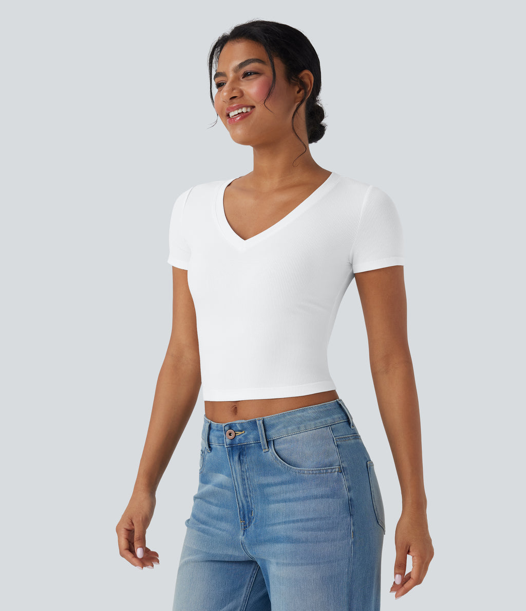 Ribbed Knit V Neck Short Sleeve Cropped Capri Work T-Shirt — White — view 3