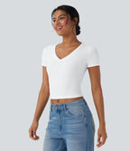 Ribbed Knit V Neck Short Sleeve Cropped Capri Work T-Shirt — White — view 3