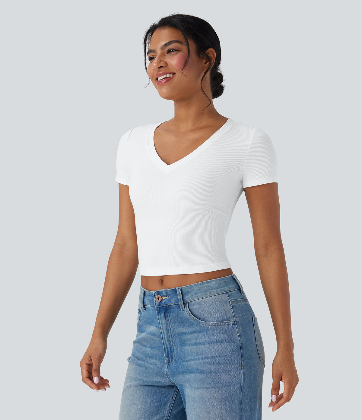 Ribbed Knit V Neck Short Sleeve Cropped Capri Work T-Shirt — White — view 3