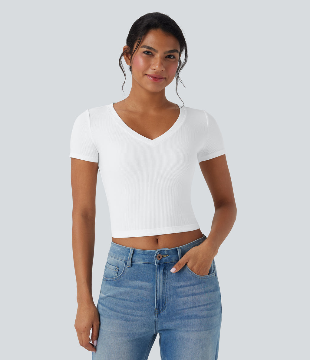 Ribbed Knit V Neck Short Sleeve Cropped Capri Work T-Shirt — White — view 1