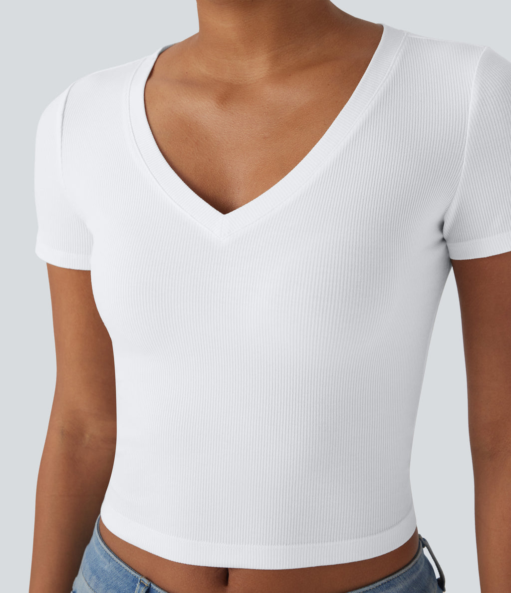 Ribbed Knit V Neck Short Sleeve Cropped Capri Work T-Shirt — White — view 4
