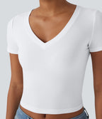 Ribbed Knit V Neck Short Sleeve Cropped Capri Work T-Shirt — White — view 4